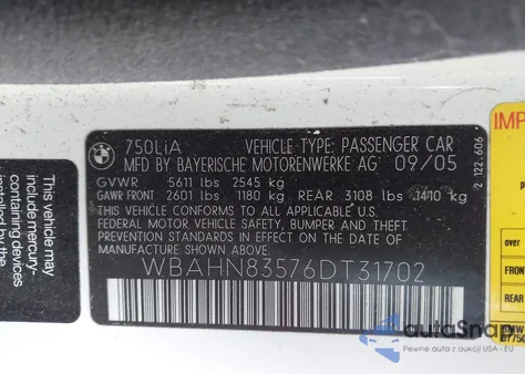 2006 BMW 750Li из США, поврежденный, VIN WBAHN83576DT31702